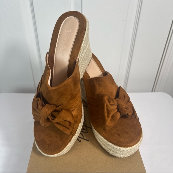 Brown Platform Espadrilles Slip On Wedge Sandals Bow Tie Womens 8.5 New - Picture 9 of 13